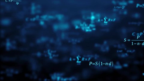 Abstract background. The camera flies past a large number of mathematical formulas on a dark background. Business concept. 3d render. Education presentation or graduation project. Loop animation