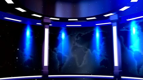 Virtual studio with map of world and background for text, name, logo at the end of
