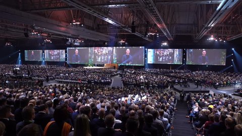 HELSINKI, FINLAND - OCTOBER 02, 2017: Huge audience listens to Adam Grant - Author and Wharton professor. Nordic Business Forum - annual business conference, over 6000 attendees from over 30 countries