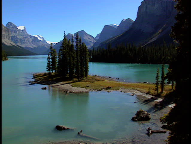 Wide shot of Spirit Island on Maligne Lake in Jasper National Park Canada