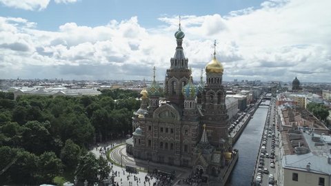 Russia, Saint-Petersburg, Aerial view of the cathedral Church of the Savior on Blood, gold domes, roofs, Griboyedov Canal, summer time