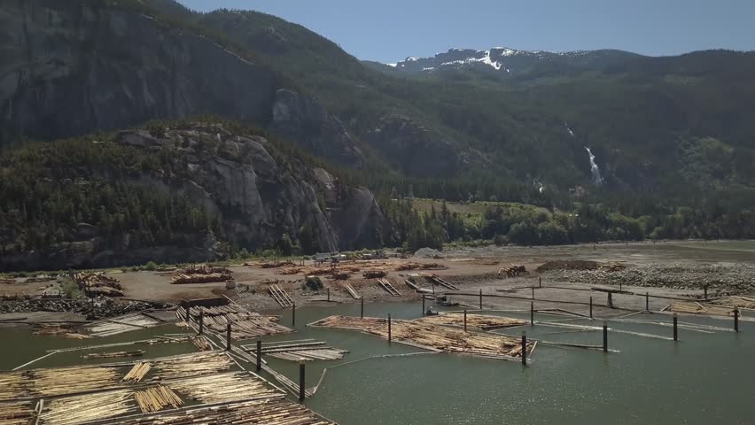 Aerial view of a lumber Industrial Site in Squamish, North of Vancouver, British Columbia, Canada.
