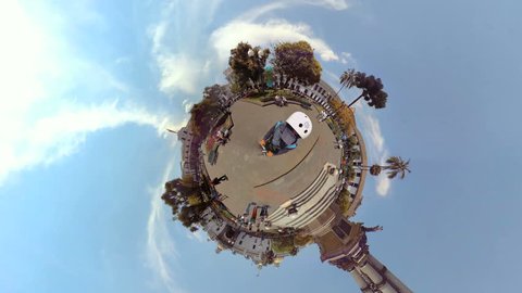 Quito Ecuador - 19 September 2017: Police Officer Patrolling On A Segway At Plaza Grande Tourist Attraction Overcapture Camera Style Transforming Into Little Planet In Quito On September 19 2017