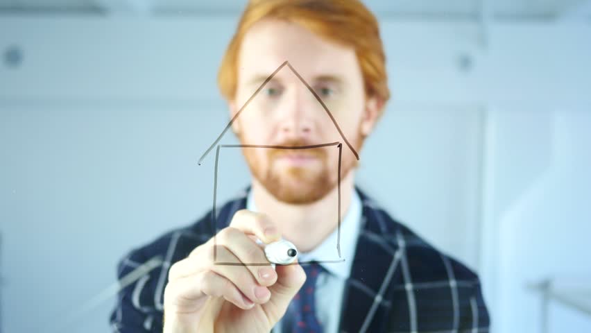 Drawing Home on Transparent Glass in Office, Red Hairs