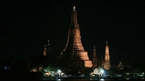 Wat Arun, Temple of Dawn, Bangkok landmark at night. Thailand. Real time footage video clip