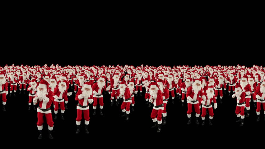 Santa Claus Crowd Dancing, Christmas Party, against black