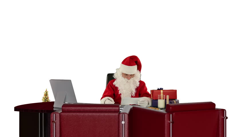 Santa Claus reading letters and sorting presents, against white