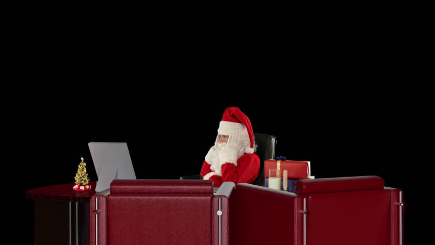 Santa Claus having a migraine is checking blood pressure, against black