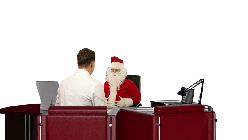 Santa Claus is sick, Doctor measuring blood pressure, against white