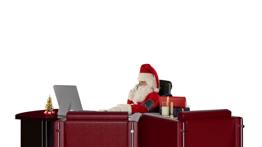 Santa Claus checking blood pressure and talking on mobile to his doctor, against