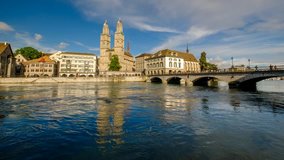 Timelapse Video of Grossmunster Church and Limmat River, Zurich, Switzerland