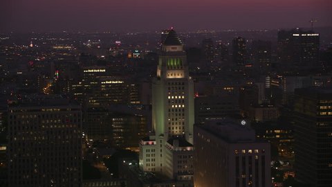 Los Angeles, California circa-2017, Aerial shot of Los Angeles at dusk with city in background. Shot with Cineflex and RED Epic-W Helium.