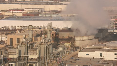 Los Angeles, California circa-2017, Aerial shot of Los Angeles factory in early morning. Shot with Cineflex and RED Epic-W Helium. Stock-video