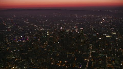 Los Angeles, California circa-2017, High angle aerial view of downtown Los Angeles at night. Shot with Cineflex and RED Epic-W Helium.