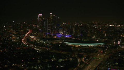 Los Angeles, California circa-2017, Aerial shot of Los Angeles at night. Shot with Cineflex and RED Epic-W Helium.