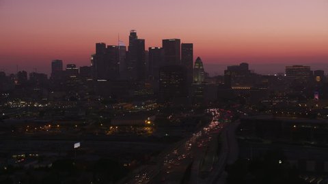 Los Angeles, California circa-2017, Approaching downtown Los Angeles at dusk. Shot with Cineflex and RED Epic-W Helium.