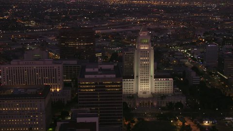 Los Angeles, California circa-2017, Aerial view of Los Angeles city hall at dusk. Shot with Cineflex and RED Epic-W Helium.