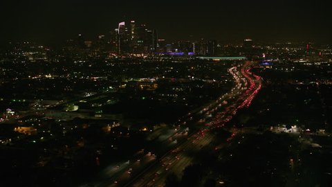 Los Angeles, California circa-2017, Aerial shot of Los Angeles at night. Shot with Cineflex and RED Epic-W Helium.