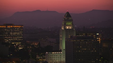 Los Angeles, California circa-2017, Aerial shot of Los Angeles city hall at dusk. Shot with Cineflex and RED Epic-W Helium.