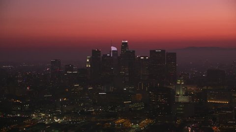 Los Angeles, California circa-2017, Aerial shot of Los Angeles at dusk with colorful sunset. Shot with Cineflex and RED Epic-W Helium.