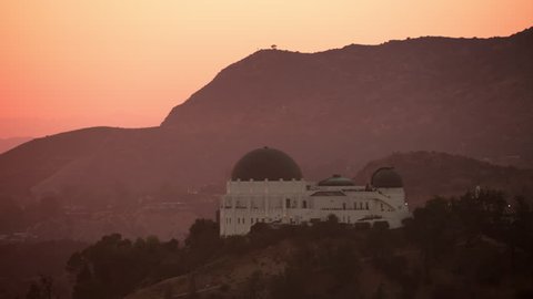Los Angeles, California circa-2017, Aerial shot of Griffith Observatory and Hollywood sign at sunset. Shot with Cineflex and RED Epic-W Helium.