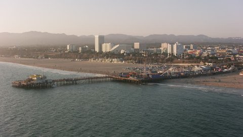 Santa Monica, California circa-2017, Aerial shot of the Santa Monica Pier. Shot with Cineflex and RED Epic-W Helium.