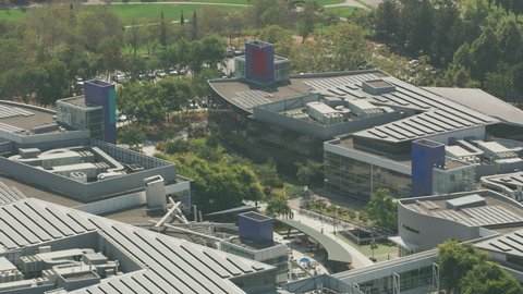 Mountain View, California circa-2017, Aerial shot of Googleplex, Google's global headquarters. Shot with Cineflex and RED Epic-W Helium.