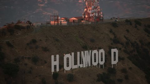 Los Angeles, California circa-2017, Aerial the Hollywood Sign at sunset. Shot with Cineflex and RED Epic-W Helium.