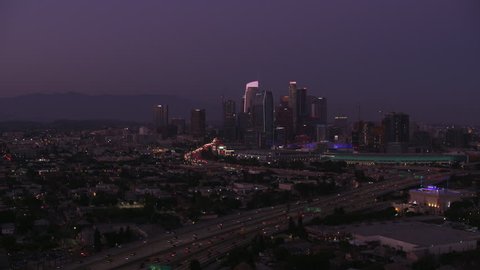 Los Angeles, California circa-2017, Freeways leading to downtown Los Angeles at dusk. Shot with Cineflex and RED Epic-W Helium.