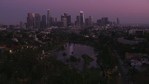 Los Angeles, California circa-2017, Flying over Echo Park with downtown Los Angeles in distance. Shot with Cineflex and RED Epic-W Helium.
