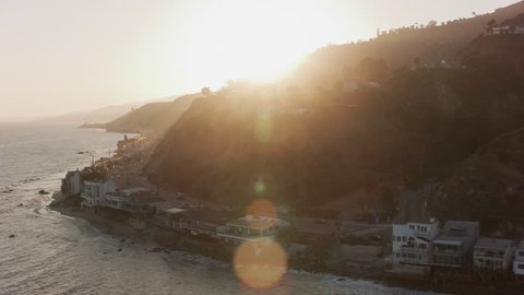 Malibu, California circa-2017, Aerial shot of Malibu beach at sunset. Shot with Cineflex and RED Epic-W Helium.