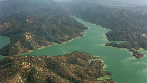 California circa-2017, Aerial of beautiful lake in California. Shot with Cineflex and RED Epic-W Helium.