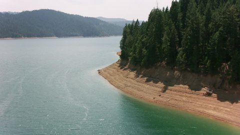 California circa-2017, Aerial of beautiful lake in Northern California. Shot with Cineflex and RED Epic-W Helium.