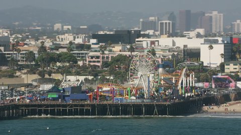 Santa Monica, California circa-2017, Aerial shot of the Santa Monica Pier. Shot with Cineflex and RED Epic-W Helium.