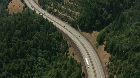 Oregon circa-2017, Aerial view of I-5 freeway winding through Siskiyou Pass. Shot with Cineflex and RED Epic-W Helium.