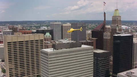 Aerial shot of helicopter flying over Baltimore, Maryland. Shot with Cineflex and RED Epic-W Helium.