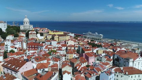 Aerial view Portugal Lisbon the Alfama is oldest district of Lisbon spreading on slope between Sao Jorge Castle and Tejo river its name comes from the Arabic Al-hamma meaning hot fountains or bath
