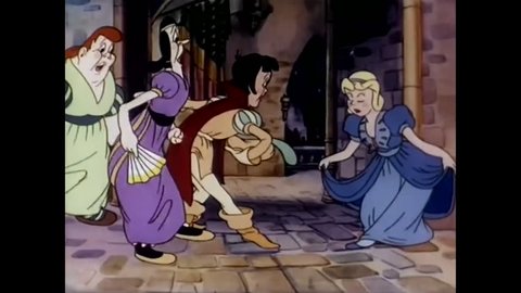 CIRCA 1937 - Animation clip of the prince dancing with Cinderella and the jealous stepsisters lamenting on the sidelines.