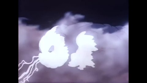 CIRCA 1937 - Animation of a praying gnome and a mean wind monster wreaking havoc upon the land.