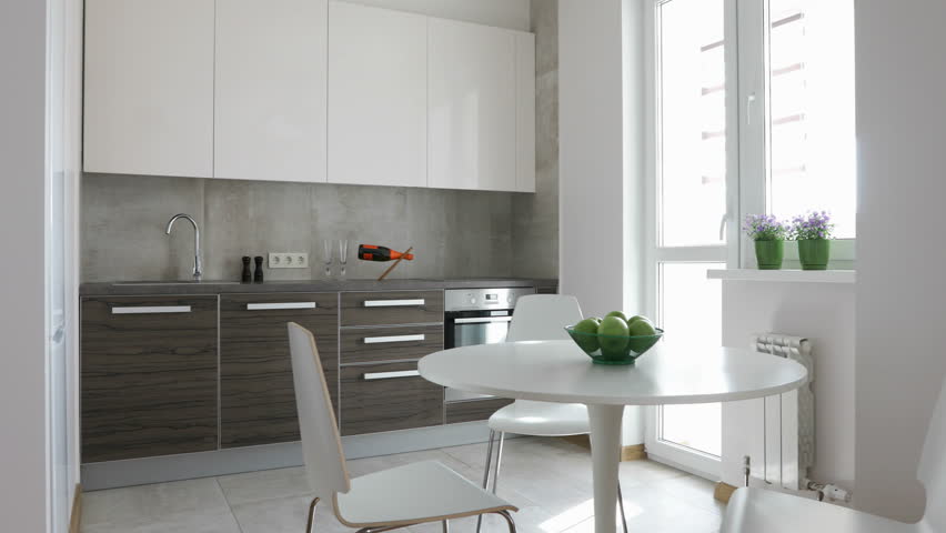4K. Interior of modern kitchen in scandinavian style. Motion panoramic view. | Shutterstock HD Video #31658992