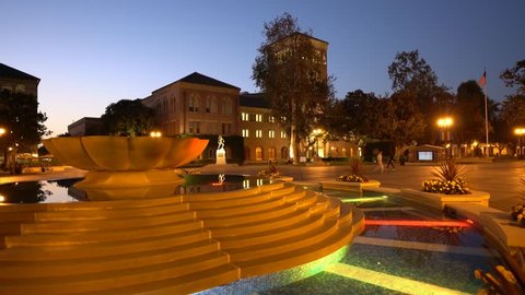 Los Angeles, OCT 8: Night timelapse of the beautiful fountain and Bovard Auditorium on OCT 8, 2017 at University of Southern California, Los Angeles, California, United States