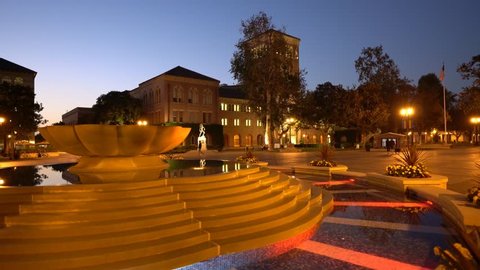 Los Angeles, OCT 8: Night view of the beautiful fountain and Bovard Auditorium on OCT 8, 2017 at University of Southern California, Los Angeles, California, United States