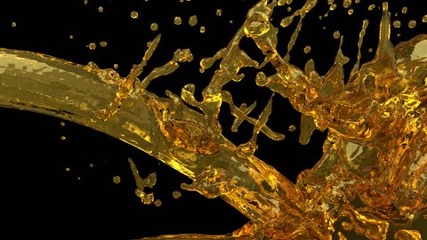 Animated stream of automotive oil or engine oil pouring and splashing quickly filling up whole container against transparent background. Liquid has no transparency.