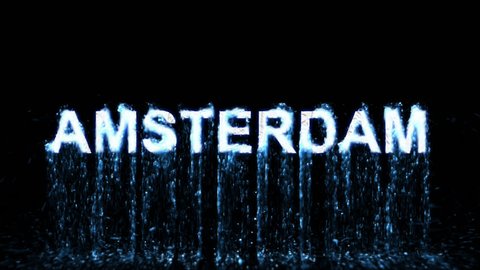 Name AMSTERDAM appears from the water, then disappears. Transparent alpha channel. 3D rendering