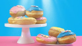 Pop Art Color style donuts and bakery goodies on bright colorful background, highlighted by glittering light beam, static.