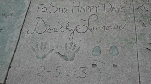 HOLLYWOOD, CA - CIRCA 2011: Boot prints and hand prints of Dorothy Lamour at Graumann's Chinese Theater in Hollywood, California.