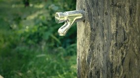 Hand washing at garden tap. Faucet with running water. Summer refreshment, rinsing with spring water. Sanitary close-up footage, summertime day. Turning tap on. Dirty hands and chromed water spigot.