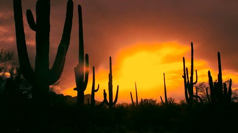 Time Lapse, Beautiful, ghostly yellow clouds swirl through orange sky over Arizona desert landscape at sunset. 1080p