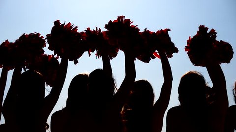 Cheerleader Young Girls Team Silhouettes Raise Hands Sway Wag Pom Poms During Performance Show