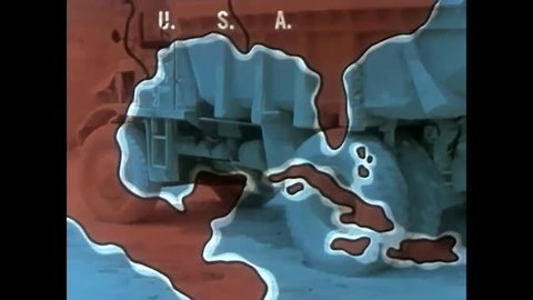 CIRCA 1950s - An animated map of aluminum deposits in Haiti and Jamaica and mining, an aerial tramway and a ship carrying ore are shown, in Ocho Rios Bay, in 1956.